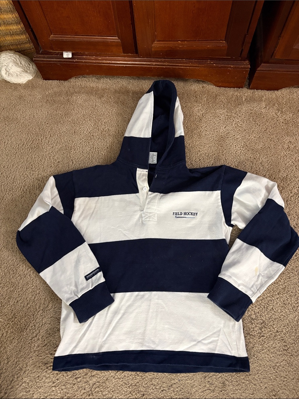 Striped Hooded Rugby Sweatshirt in Navy & White